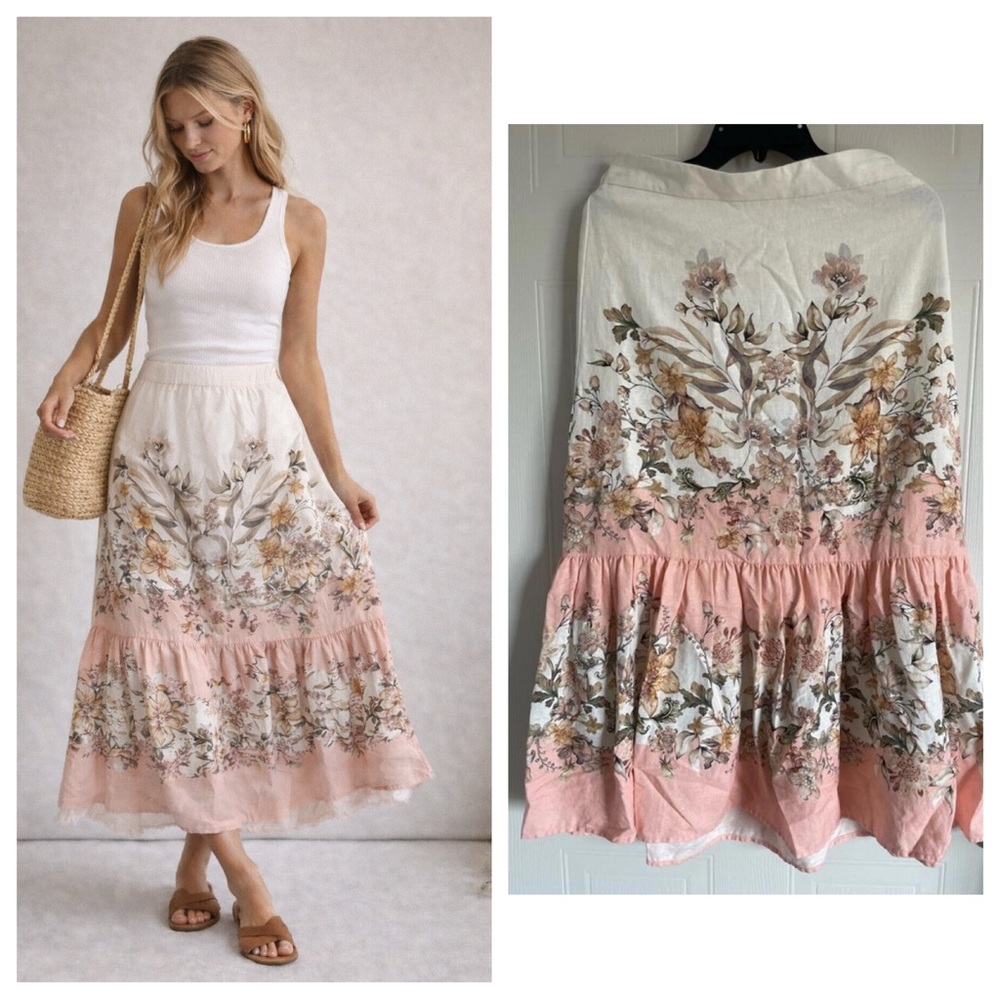 House of Harlow 1960 Floral Linen Ruffle Midi Skirt S Cottagecore